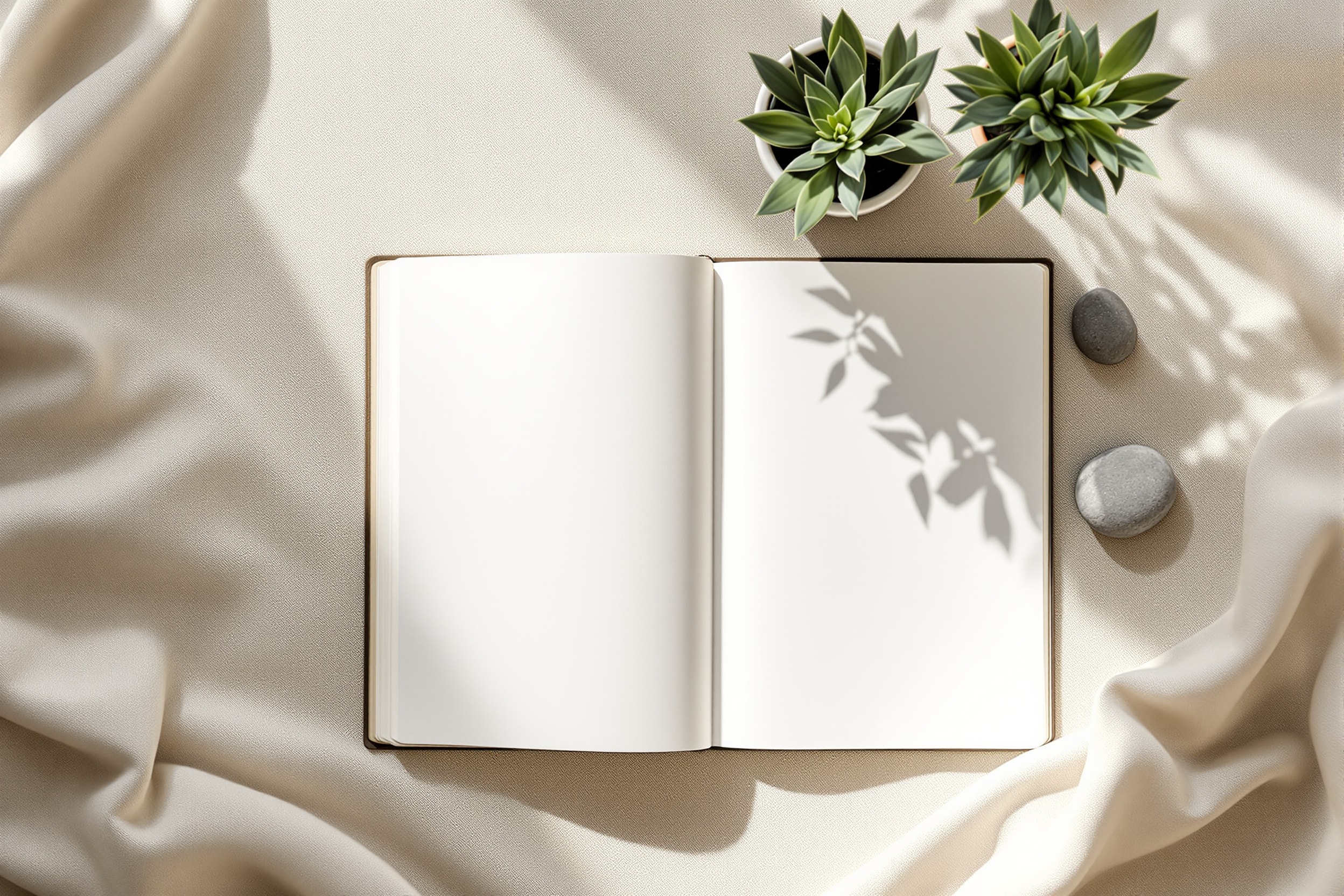 An open journal, a grounding stone and a plant on a warm linen surface
