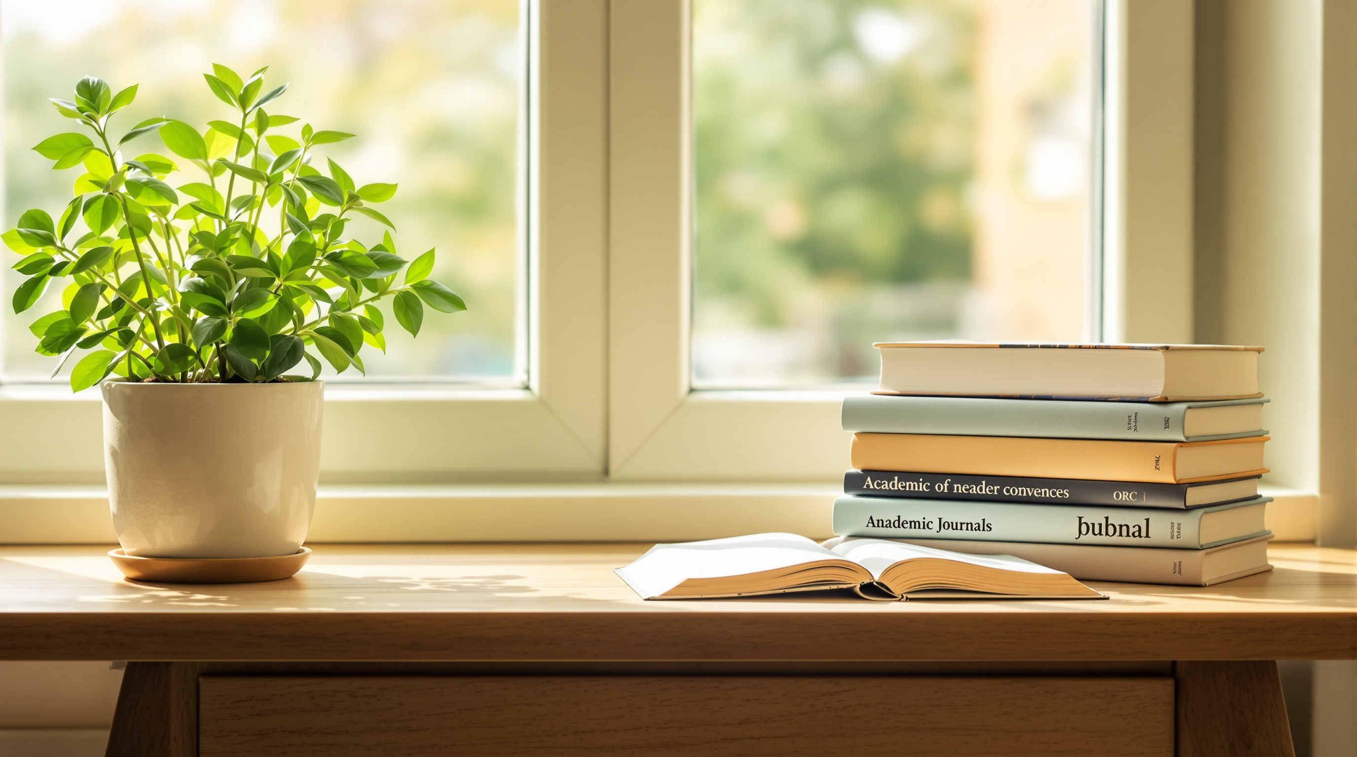 Stacked research journals and an open book in soft daylight