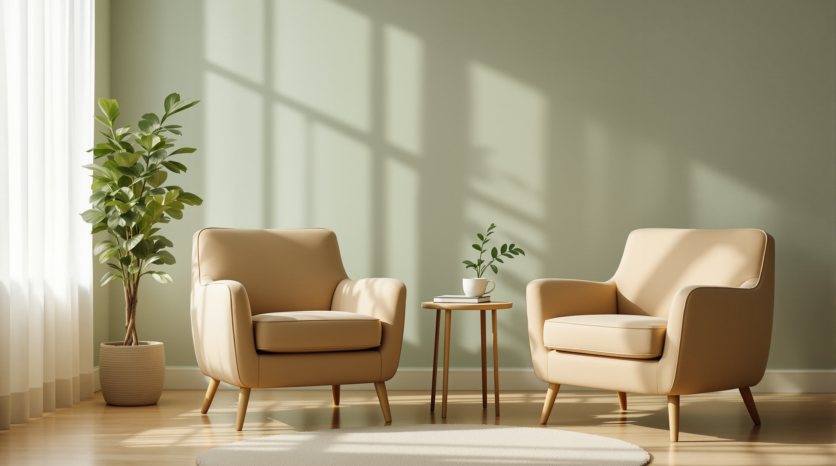 A calm, empty softly-lit room with two comfortable chairs by a window