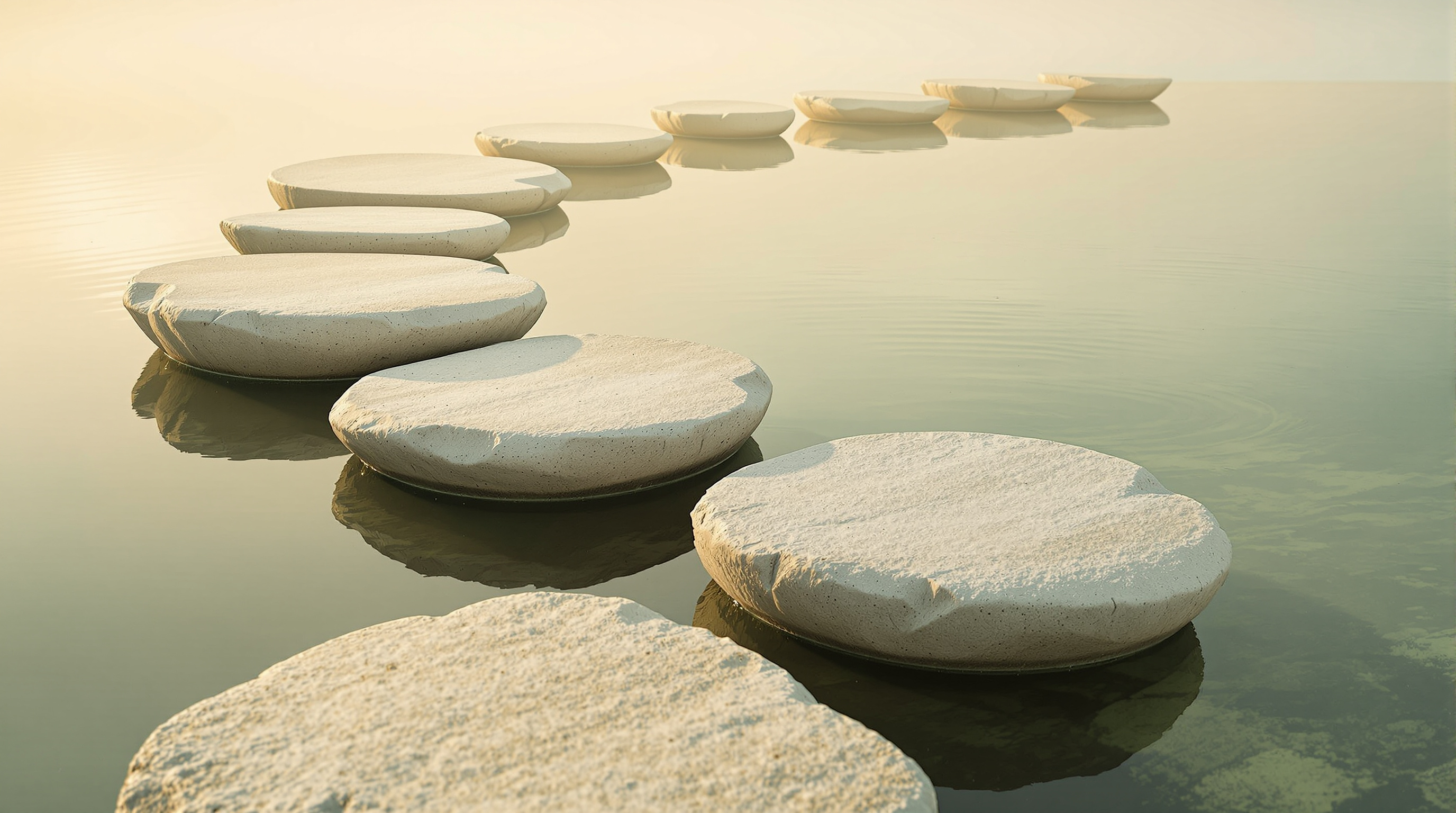A path of eight stepping stones across calm water, representing the eight phases