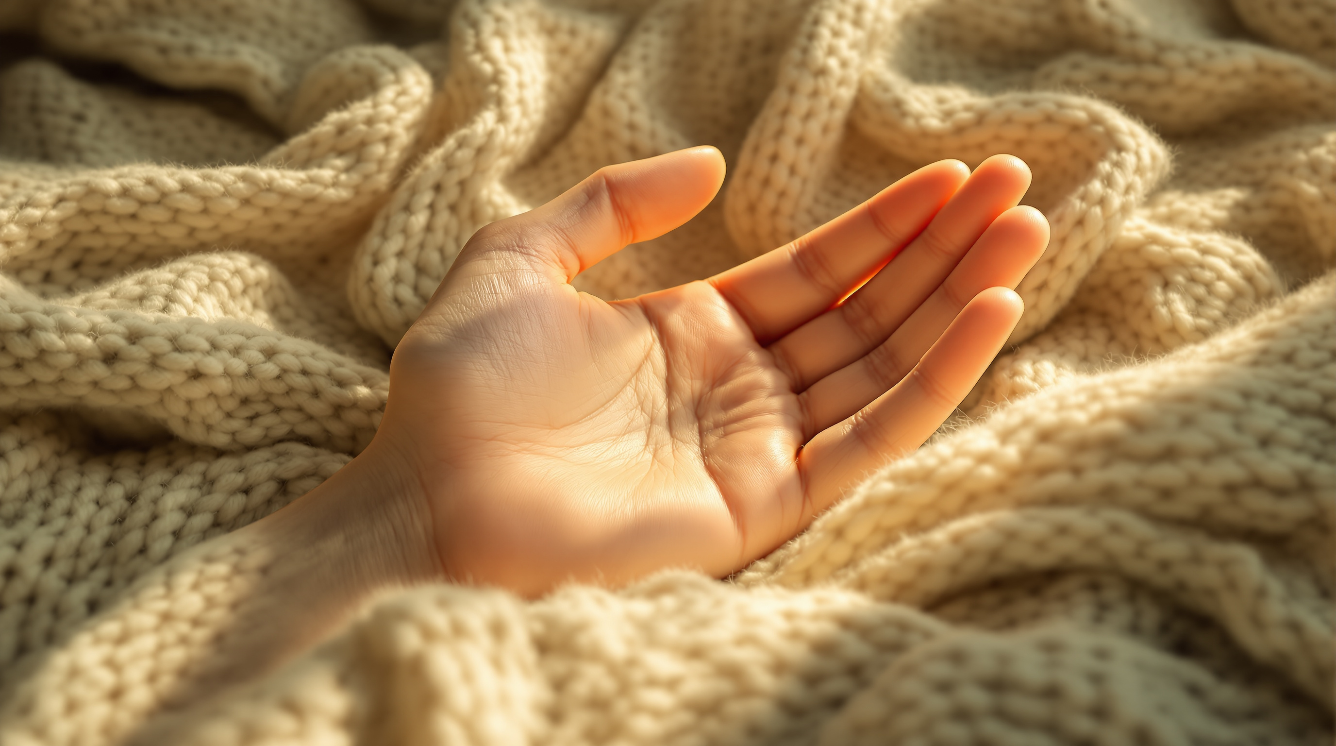 An open, relaxed hand resting on a soft blanket in warm light, suggesting safety